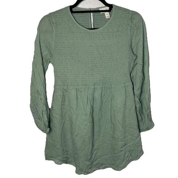 Isabel Maternity Long Sleeved Stretch Smocked Woven Shirt Blue Green Size XS NEW - Picture 1 of 8
